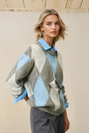 LILY Argyle Wool Crewneck Sweater